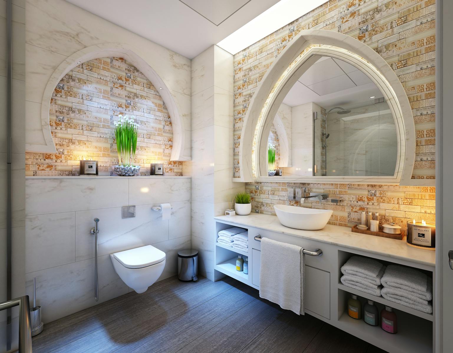 Elegant modern bathroom with marble tiles, ambient lighting, and stylish decor.